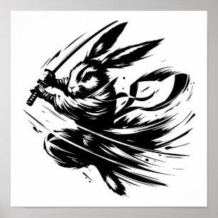 Poster Samurai Bunny Black Ink Warrior Rabbit