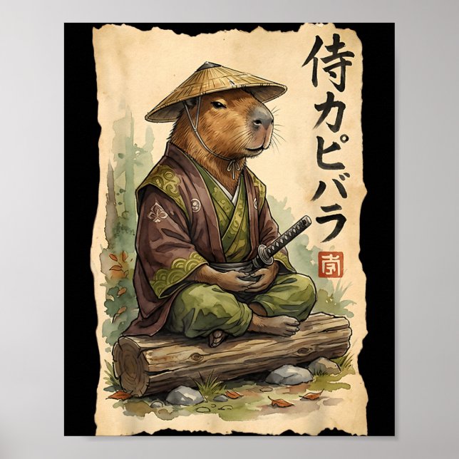 Poster Samurai Capybara Japanese Art Vintage Graphic Funn (Frente)