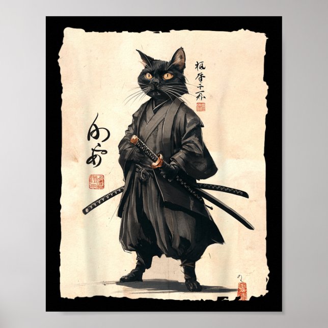 Poster Samurai Cat Anime Japonês Gato De Gato Engraçado P (Frente)