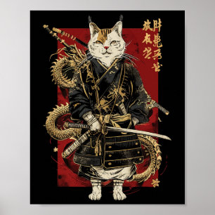 Poster Samurai Cat Com Dragão Japonês Kanji