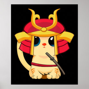 Poster Samurai Cat Cute Japonês Cosplay Halloween