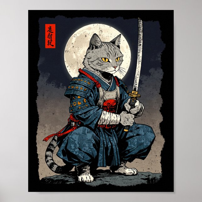 Poster Samurai Cat. Gato Retro Japonês Gato Lua Ukiyo- (Frente)