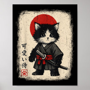 Poster Samurai Cat Japonês Vintage Kawaii Cats Engraçados