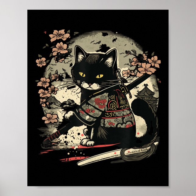 Poster Samurai Cat Tattoo, Vintage Kawaii Ninja (Frente)