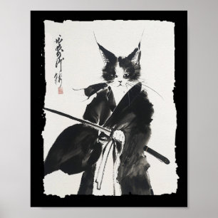 Poster Samurai Cat Tee Vintage Ukiyo-e Warrior Art Graphi