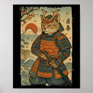 Poster Samurai Cat Warrior Japonês Ukiyo-e Trabalho de ar