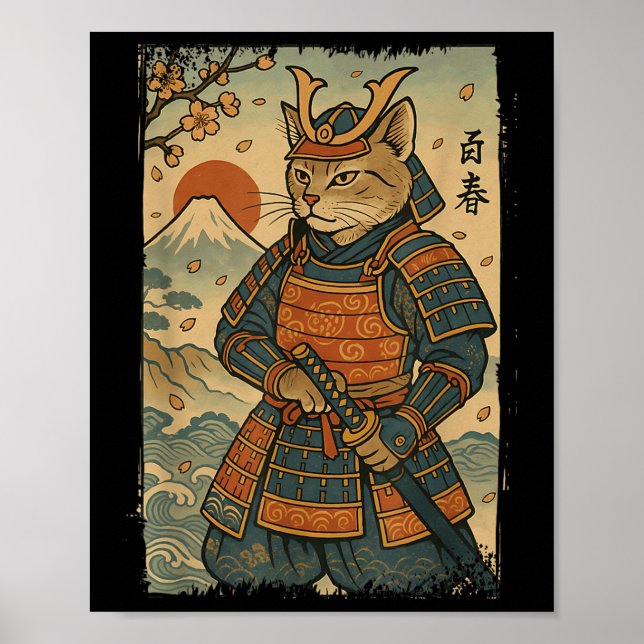 Poster Samurai Cat Warrior Japonês Ukiyo-e Trabalho de ar (Frente)
