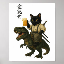 Poster Samurai Cat with Beer & T-Rex | Retro Japanese Art