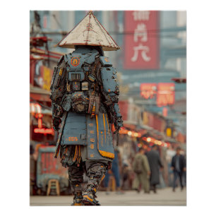 Póster Samurai Ciborgue Mecha Chapéu Cônico
