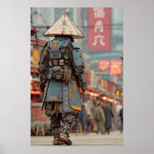 Poster Samurai Ciborgue Mecha Chapéu Cônico