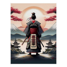 Samurai com Pagodas e Sunrise