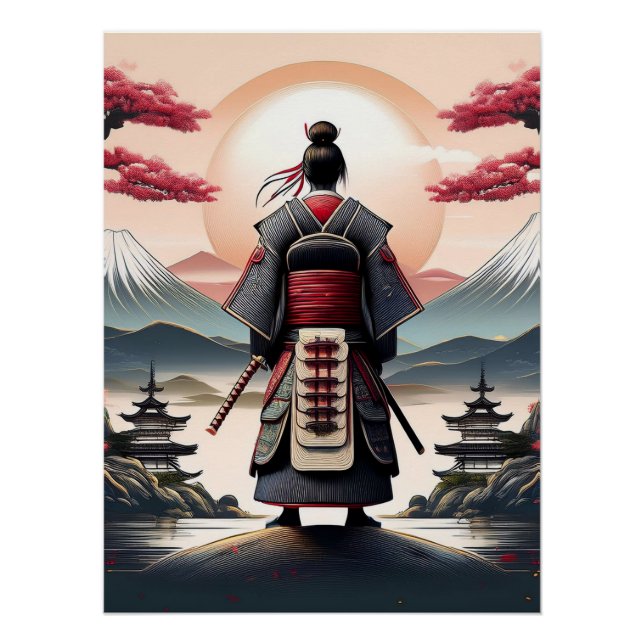Póster Samurai com Pagodas e Sunrise (Frente)