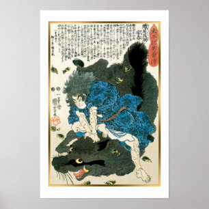 Poster Samurai com Wild Boar por Kuniyoshi Vintage Japão