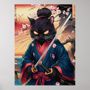 Poster Samurai Gato Preto Engraçado