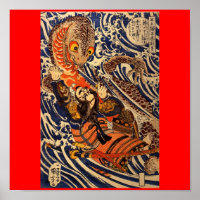 Samurai lutando com grandes répteis, por volta de 