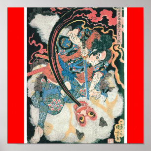 Póster Samurai mata um demônio, pintura japonesa antiga