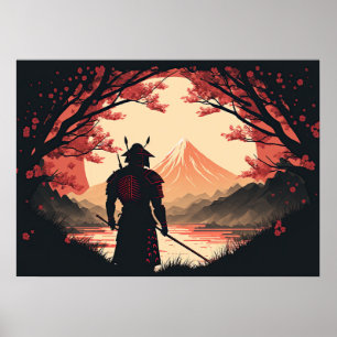 Poster Samurai & Monte Fuji Lua e Cherry Blossomas Ai A