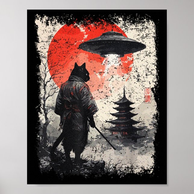 Poster Samurai Ninja Cat Warrior Sumi-e Ufo Ukiyo-e Sci F (Frente)