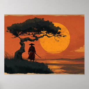 Poster Samurai sob a árvore do pôr do sol em estilo japon