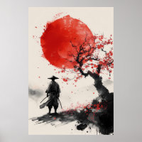 Samurai Solitário – Arte Japonesa em Tinta Vermelh