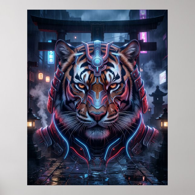 Poster Samurai Tiger Neon Temple (Frente)