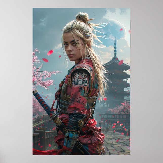 Poster Samurai woman warrior with katana — Japanese cultu (Frente)