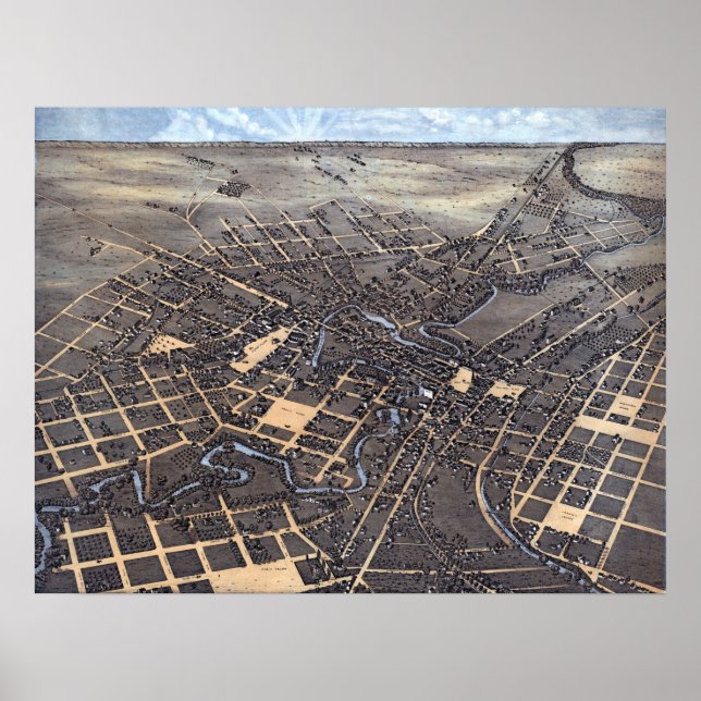 Póster San Antonio, Texas, Mapa da Cidade Aérea Antiquada (Frente)