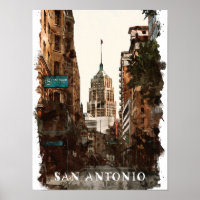 San Antonio Texas Vintage City Viagem Watercolor