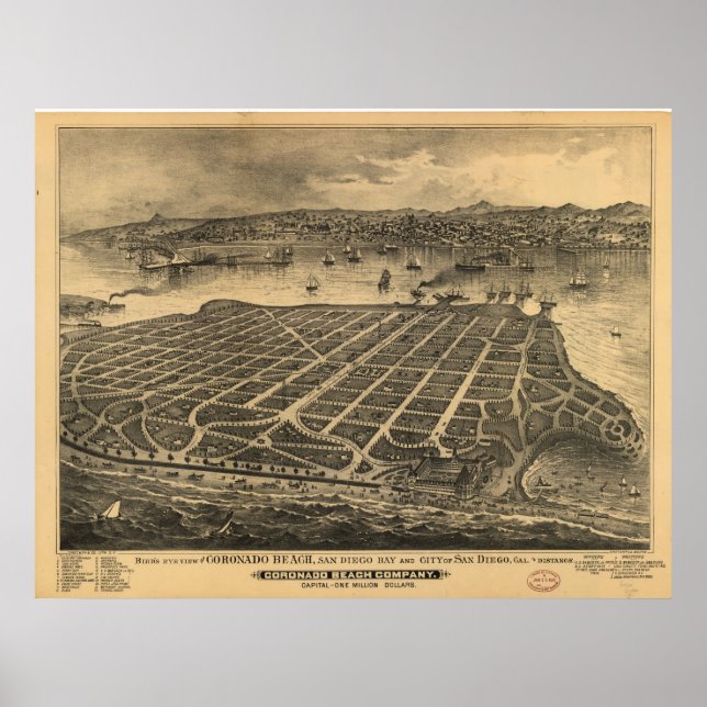 Póster San Diego CA Birds Eye da década de 1880 Ver Mapa  (Frente)