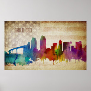 Poster San Diego, CA   Linha Skyline Cidade de Cores