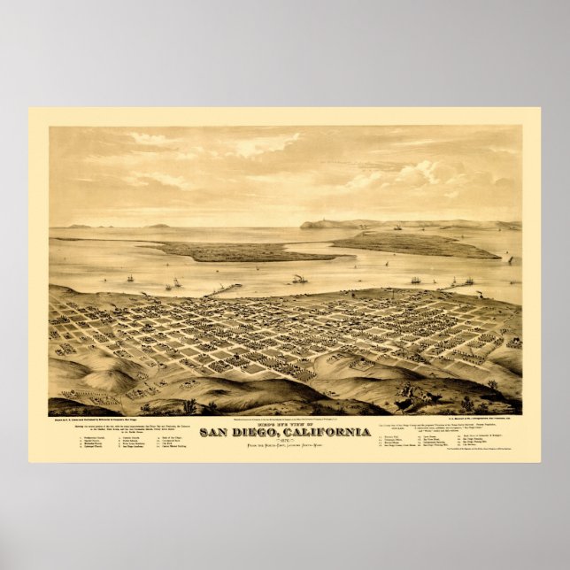 Póster San Diego, CA Panorâmica Map - 1876 (Frente)
