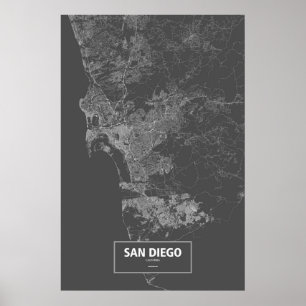Póster San Diego, Califórnia (branco a preto)