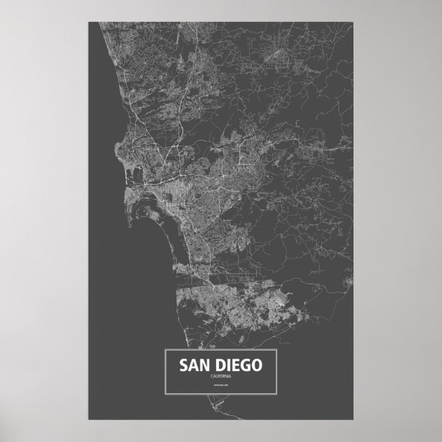 Póster San Diego, Califórnia (branco a preto) (Frente)
