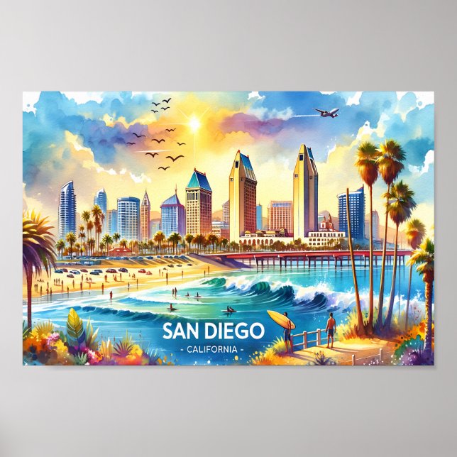 Poster San Diego California Viagem coloca aquarela (Frente)