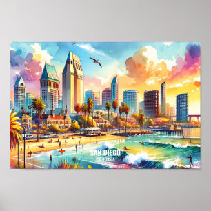 Poster San Diego California Viagem coloca aquarela