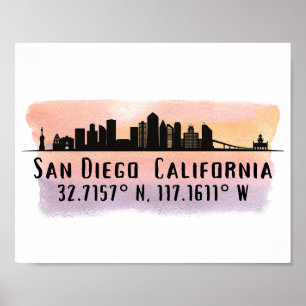 Poster San Diego City Skyline Latitude e Longitude