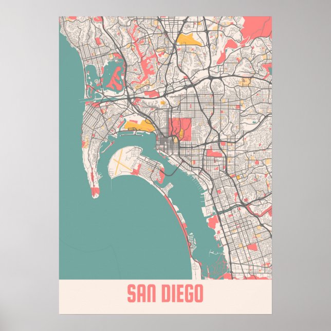 Poster San Diego - Mapa da Cidade do Chalk dos Estados Un (Frente)
