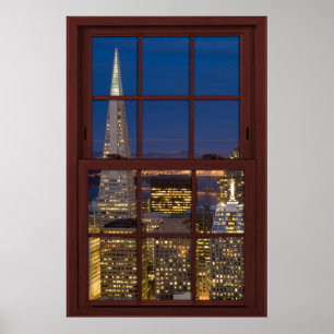 Póster San Fran Skyline na Noite Faux Cherry Wood Window