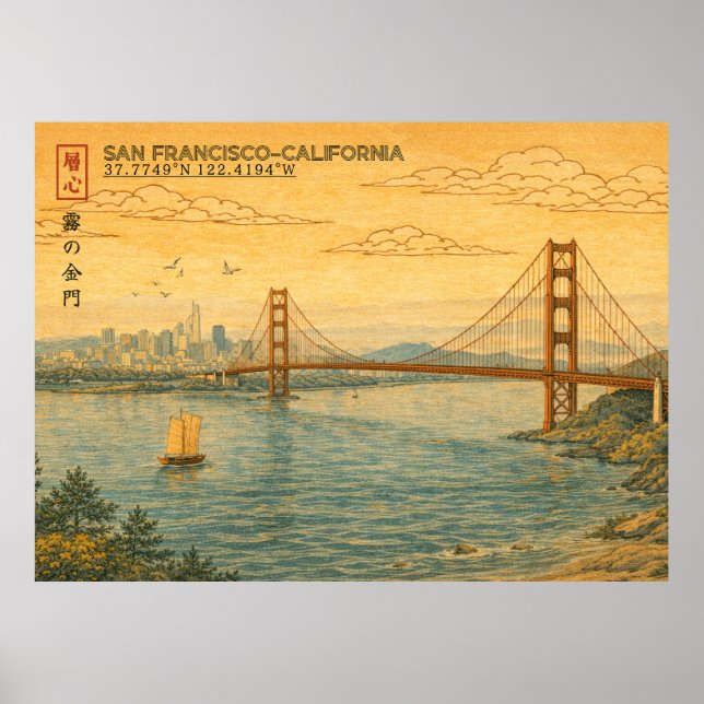 Poster San Francisco California Skyline in Japanese Ukiyo (Frente)