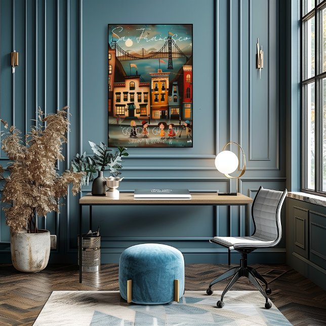 Póster San Francisco: Golden Gate City - Whimsical Art (Criador carregado)
