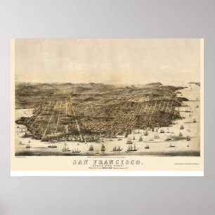 Poster San Francisco, mapa panorâmico de CA - 1864