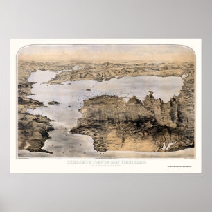 Póster San Francisco, mapa panorâmico de CA - 1876