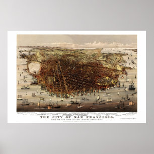 Poster San Francisco, mapa panorâmico de CA - 1878
