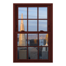 San Francisco Skyline Faux Cherry Wood Window