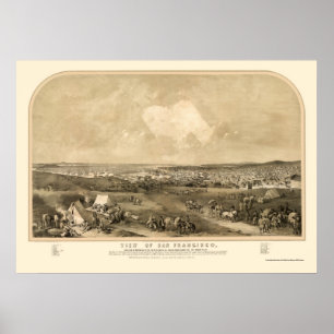 Póster San Francsico, mapa panorâmico de CA - 1851