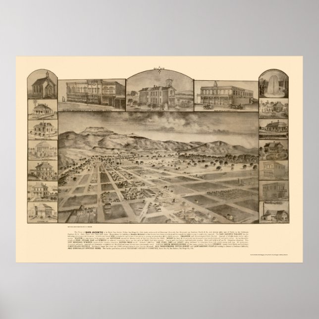 Poster San Jacinto, Mapa Panorâmico da CA - 1886 (Frente)