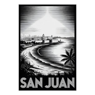 Póster San Juan Porto Rico Xilogravura Preto Branco do Ho