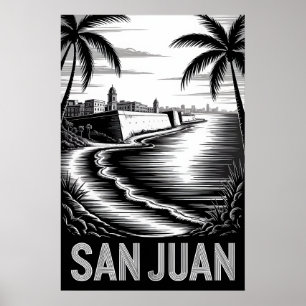 Poster San Juan Porto Rico Xilogravura Preto e Branco