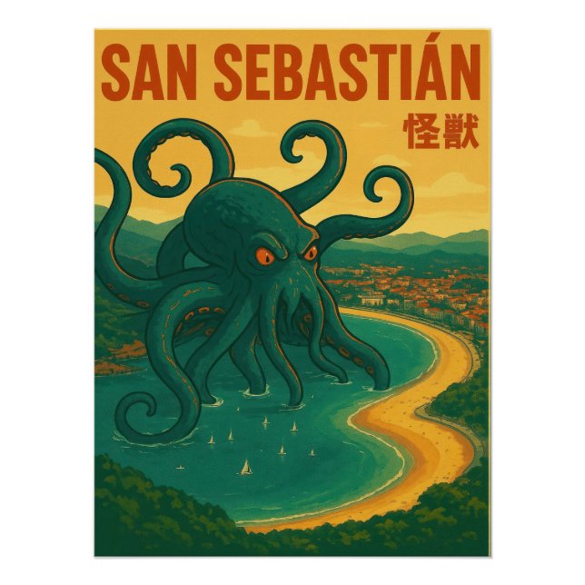 Póster San Sebastian Octopus Attack Vintage Travel Poster (Frente)