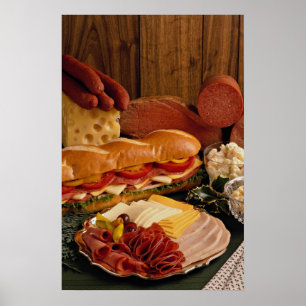Póster Sanduíche submarino delicioso com carnes e queijo
